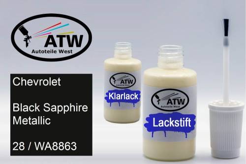 Chevrolet, Black Sapphire Metallic, 28 / WA8863: 20ml Lackstift + 20ml Klarlack - Set, von ATW Autoteile West.